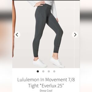 Lululemon In Movement 7/8 Tight in Deep Coal Sz 2